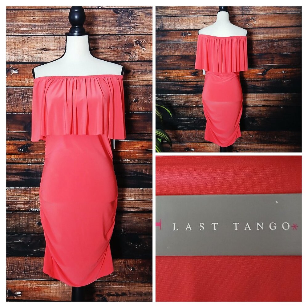 NWT Last Tango Dress M Ruched Bodycon Off Shoulder Layered Ruffle USA Made Pink